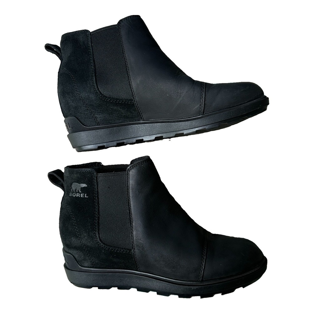Sorel Evie Wedge Ankle Bootie Women's Size 8 US Pull-On Waterproof Black Leather